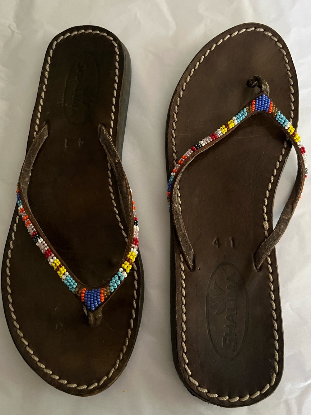 Shalima Hand-Beaded Brown Leather Flip Flops Rainbow striped African